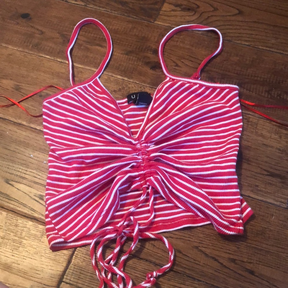 Red and white striped cropped tank top with rushing and tie in the front
